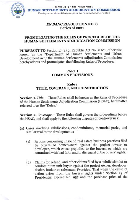 dhsud rules of procedure|HUMAN SETTLEMENTS ADJUDICATION COMMISSION .